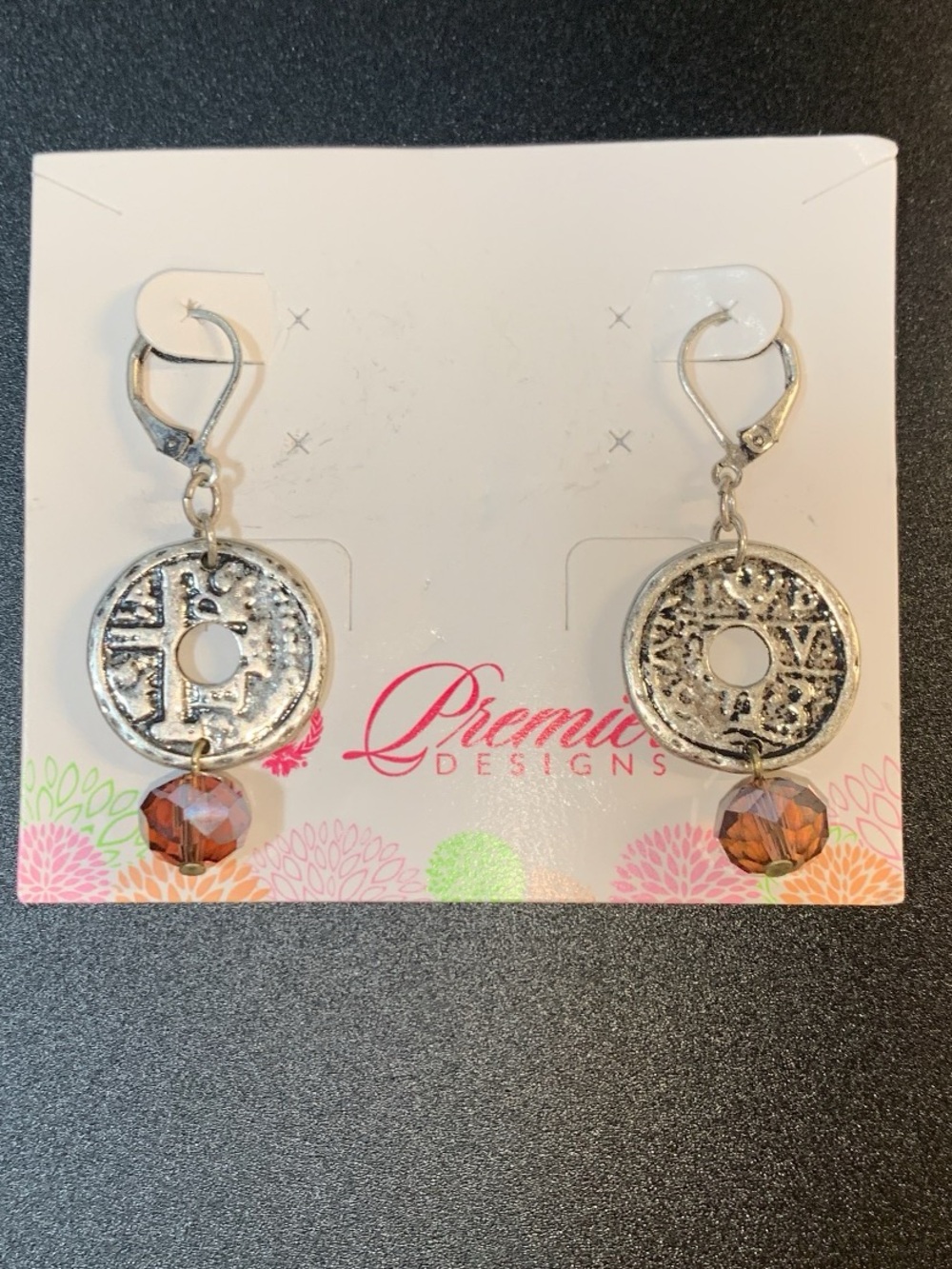 Premier Designs Silver-Tone Coin Drop Earrings with Brown Crystal